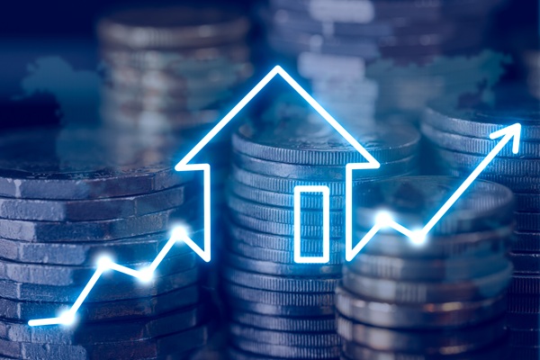 Stacks,Of,Coins,With,A,Glowing,House,Icon,And,Upward