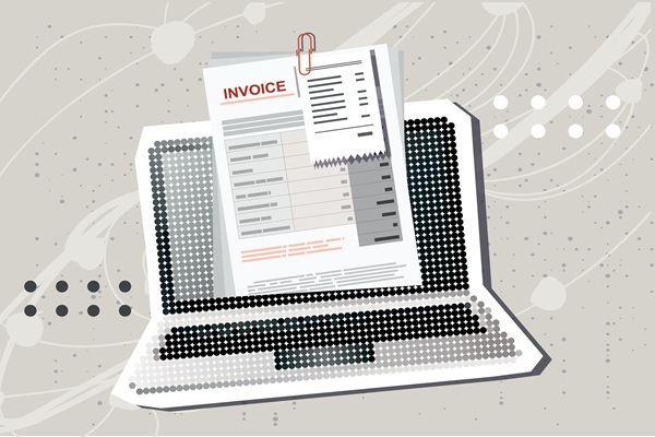 Trendy,Halftone,Collage,Online,Digital,Invoice,On,Screen,Laptop,With