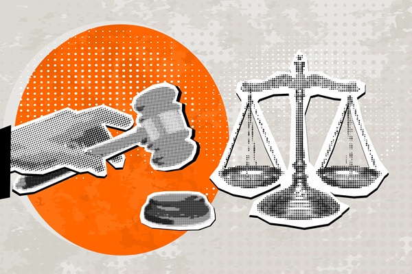 Trendy,Halftone,Collage,Hand,Strikes,Judge's,Gavel,And,Scales.,Verdict.