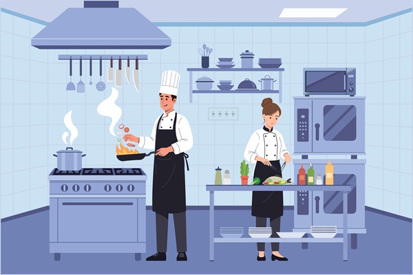 Professional,Chefs,Cooking,Together,In,Restaurant,Kitchen,Illustration