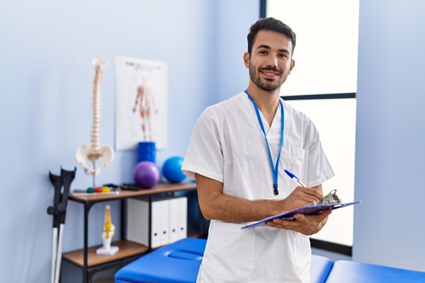Young,Hispanic,Man,Wearing,Physiotherapist,Uniform,Writing,On,Clipboard,At