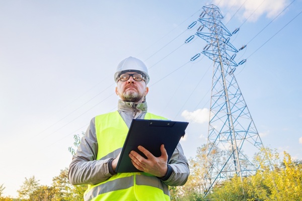 Electrical,Engineer,Stands,Next,To,Power,Lines.,Inspecting,Power,Lines.