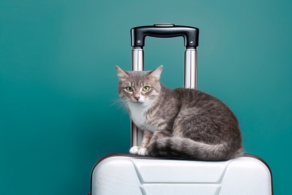 A,Gray,Cat,Is,Sitting,On,A,Suitcase.,The,Cat