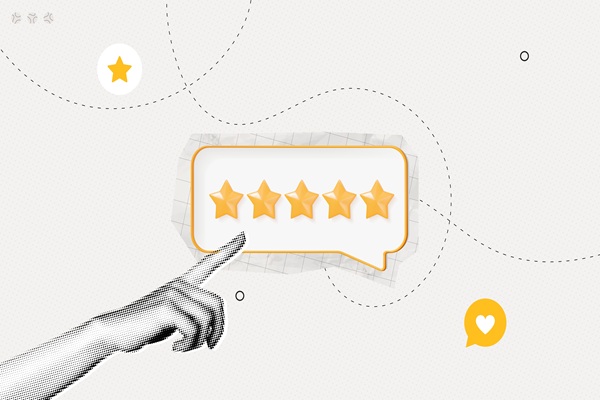 Trendy,Halftone,Collage,Feedback,Or,Rating,Concept.,Hand,With,Gold